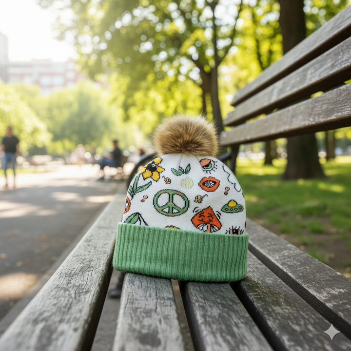 White Knit Pom Beanie – Retro Peace Sign Flower Mushroom Pattern Warm Winter Hat