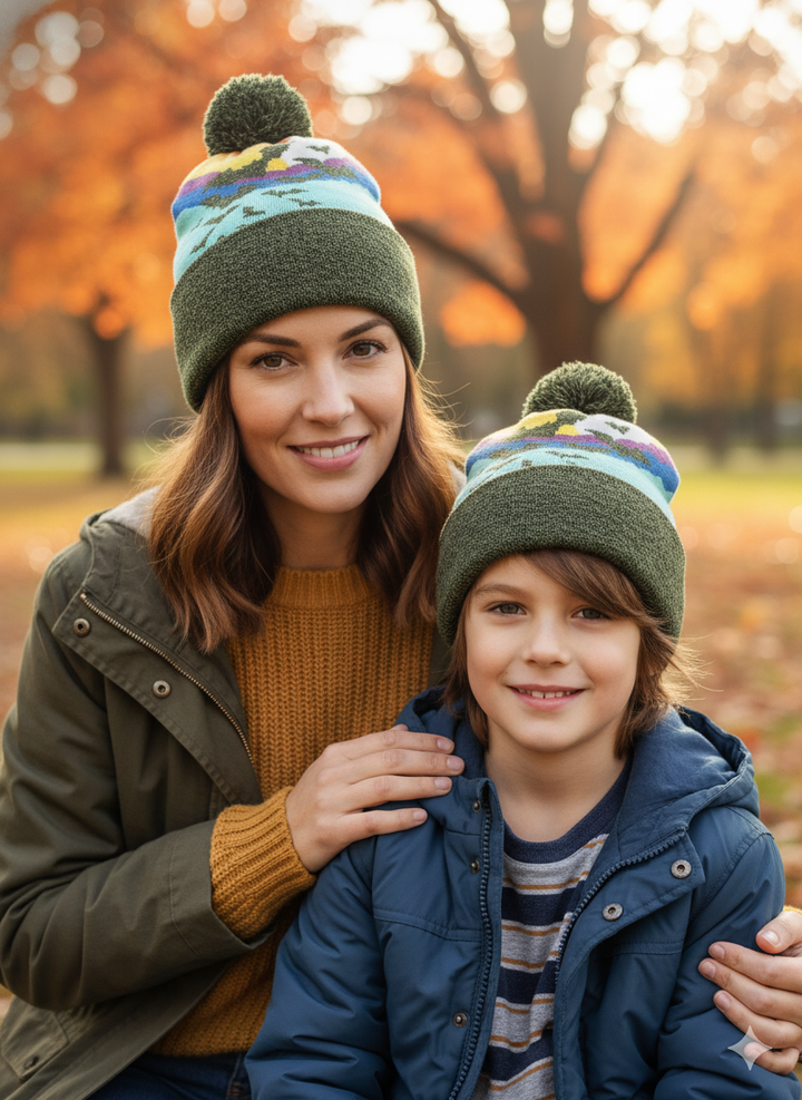 Kid Bat Beanie Hat with Pom Pom Mountain Sunset Knit Cap