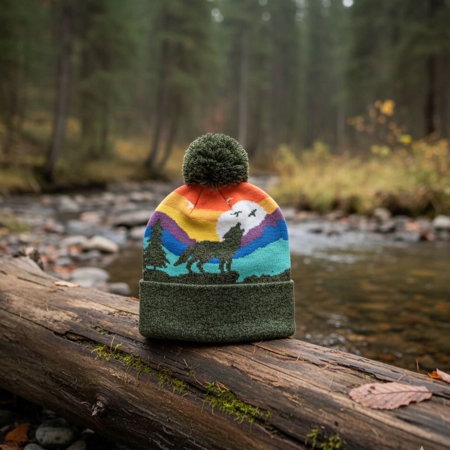 Kid Wolf Beanie Hat with Pom Pom Mountain Sunset Knit Cap