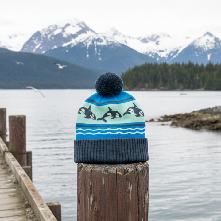 Orca Ocean Waves Knit Beanie with Jumping Whale Pattern