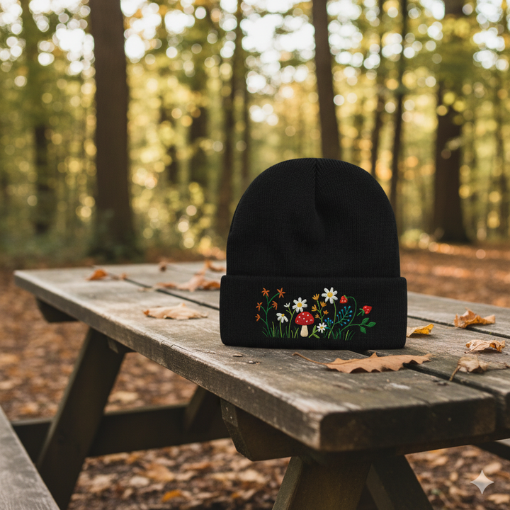 Mushroom Floral Embroidered Beanie | Forest Garden Knit Hat