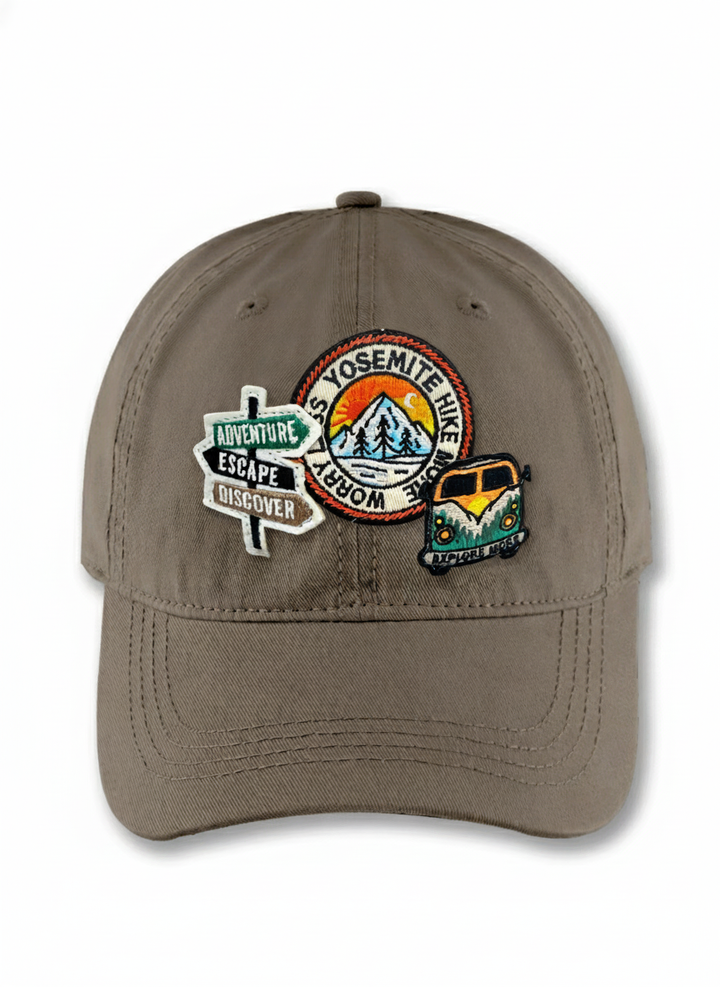 Yosemite Hike Patch Baseball Cap with Adventure Sign and Camper Van Icons