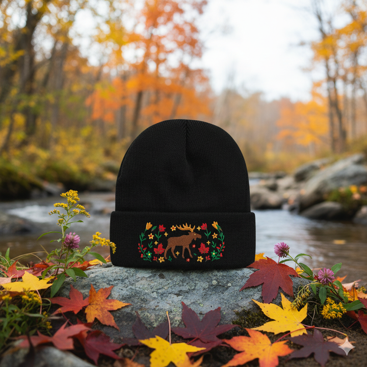 Moose Floral Embroidered Beanie – Cozy Knit Winter Hat with Canadian Wilderness Design