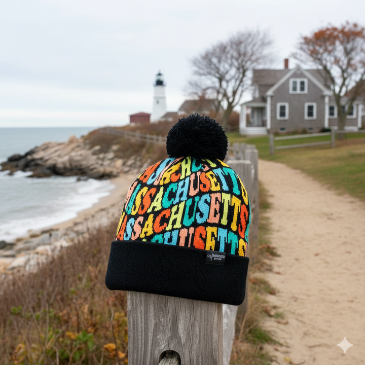 Connecticut Colorful Letter Knit Beanie – Retro Pom Pom Winter Hat with Bold Typography