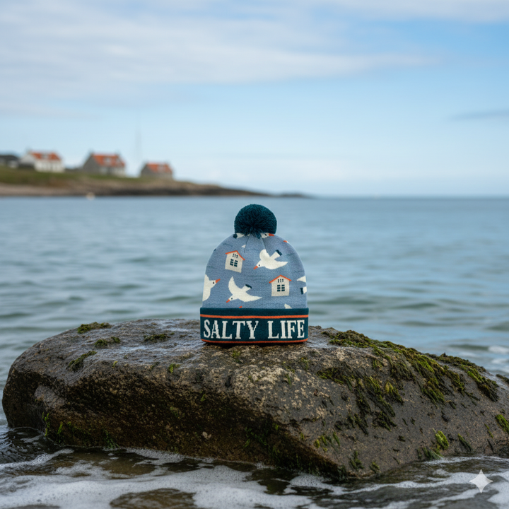 Salty Life Seagull & Beach House Knit Pom Pom Beanie – Coastal Winter Hat