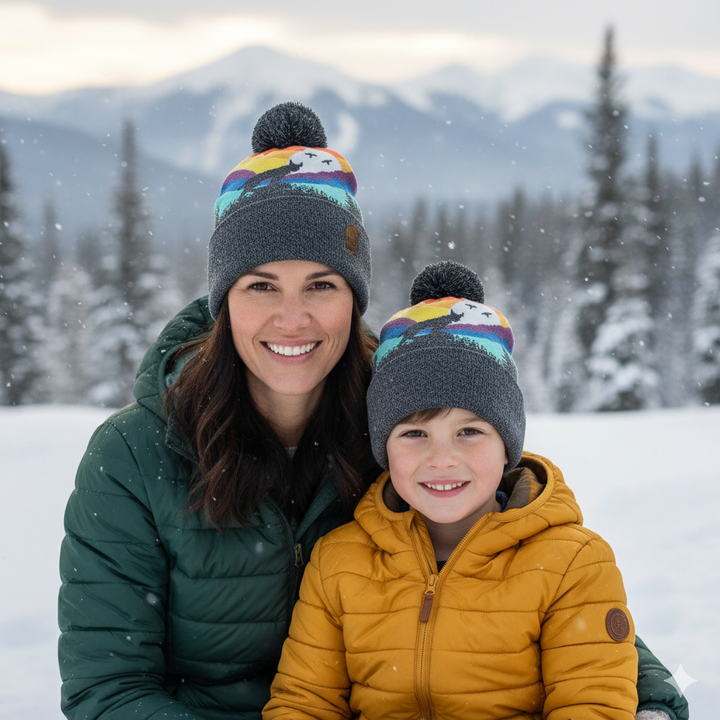 Kid Bobcat Pom Beanie – Warm Winter Mountain Knit Hat | Kids & Adult Beanie | Parent-Child Matching
