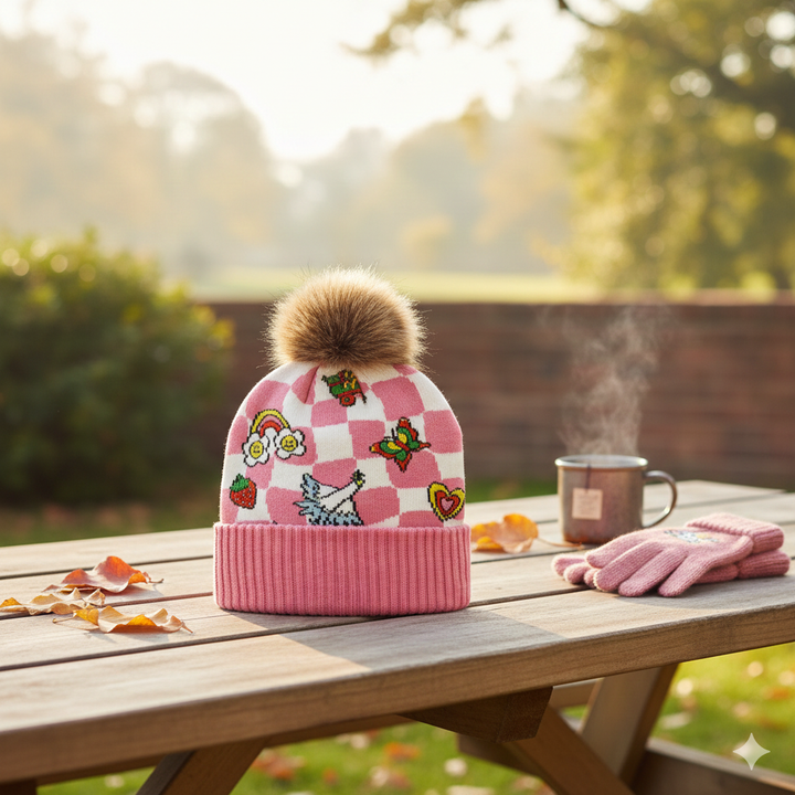 Kids Sticker Pattern Pom Knit Beanie Cozy Winter Gift