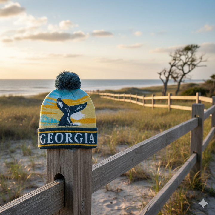 Georgia Whale Tail Sunset Knit Beanie with Coastal Scenery