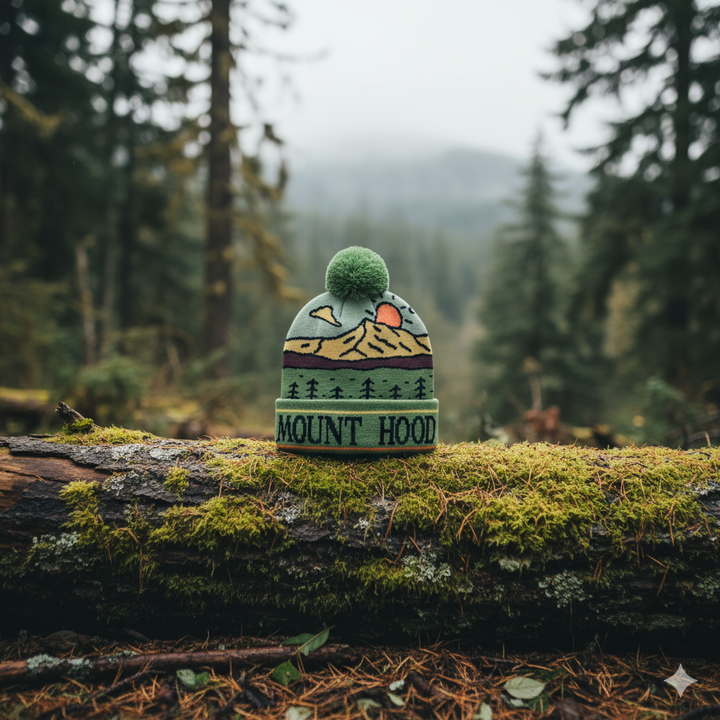 Mount Hood Sunset Knit Pom Pom Beanie – Oregon Mountain Winter Hat