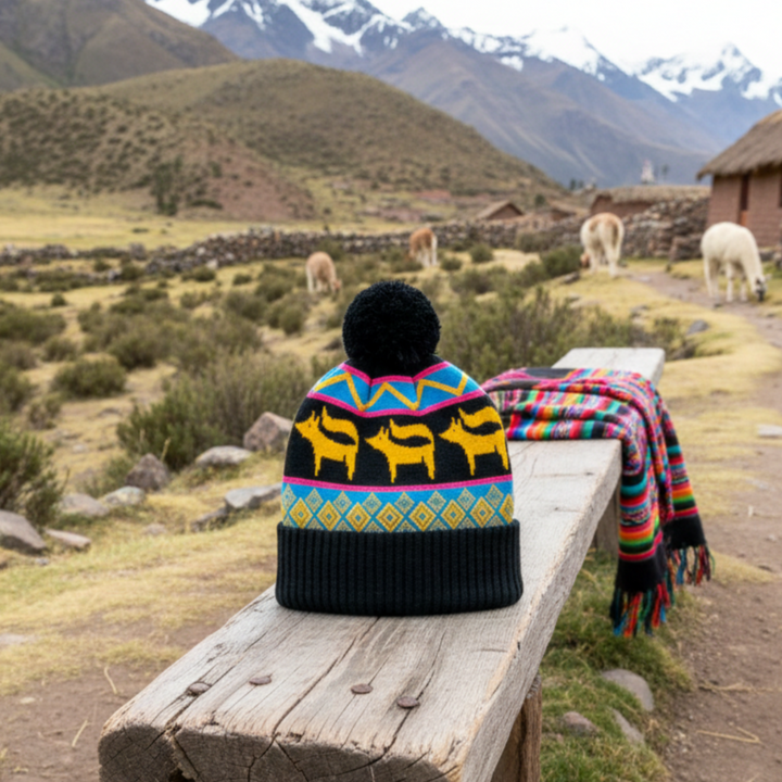 Folk Pattern Animal Knit Beanie with Colorful Geometric Design
