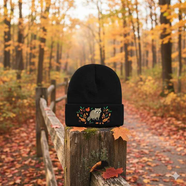 Raccoon Forest Embroidered Beanie – Cozy Knit Winter Hat with Autumn Leaves Design