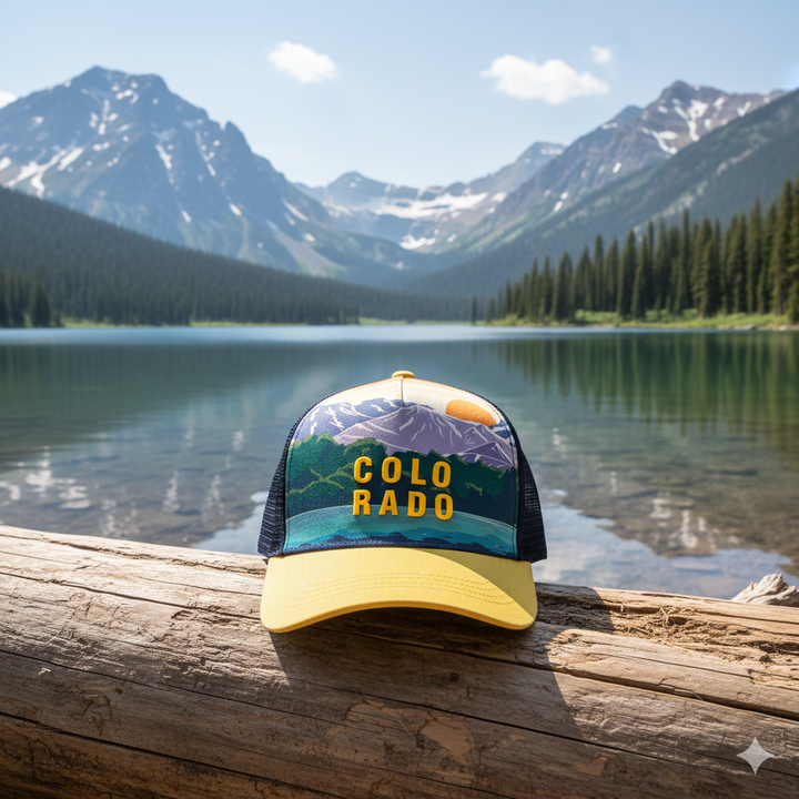 Colorado Scenic Mountain Sunset Outdoor Adventure Graphic Trucker Baseball Cap