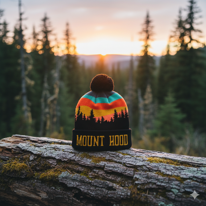 Mount Hood Sunset Forest Knit Pom Pom Beanie – Oregon Mountain Winter Hat