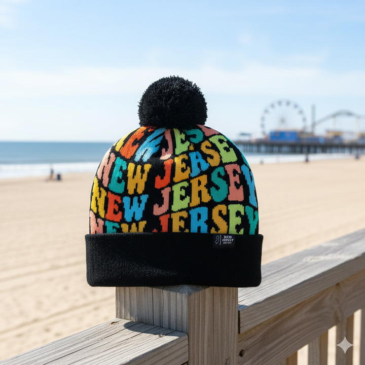 New Jersey Colorful Letter Knit Beanie – Retro Pom Pom Winter Hat with Bold Typography