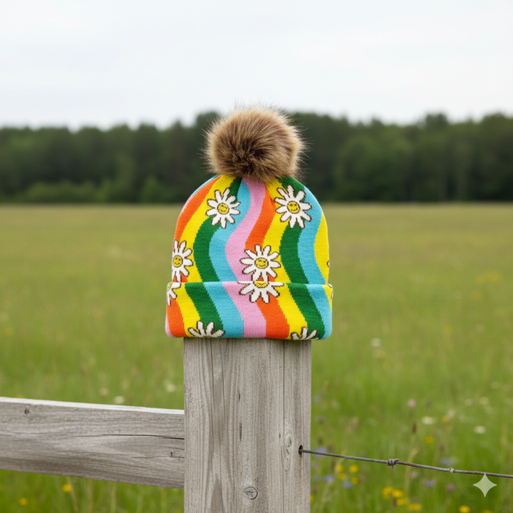 Rainbow Knit Pom Beanie – Smiley Daisy Flower Pattern Colorful Winter Hat