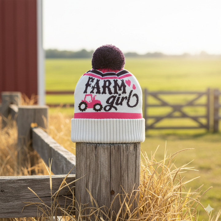 Farm Girl Tractor Knit Pom Pom Beanie – Country Style Winter Hat
