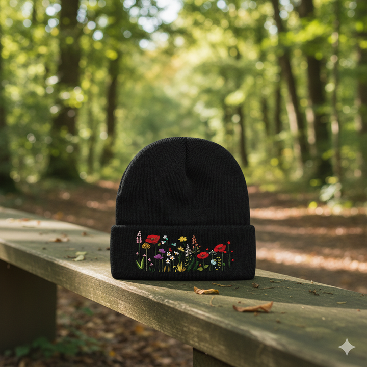 Wildflower Embroidered Black Beanie | Floral Garden Knit Hat
