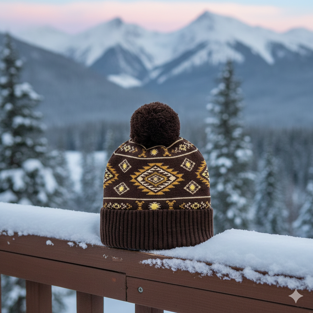 Geometric Pattern Pom Knit Beanie Brown Gold