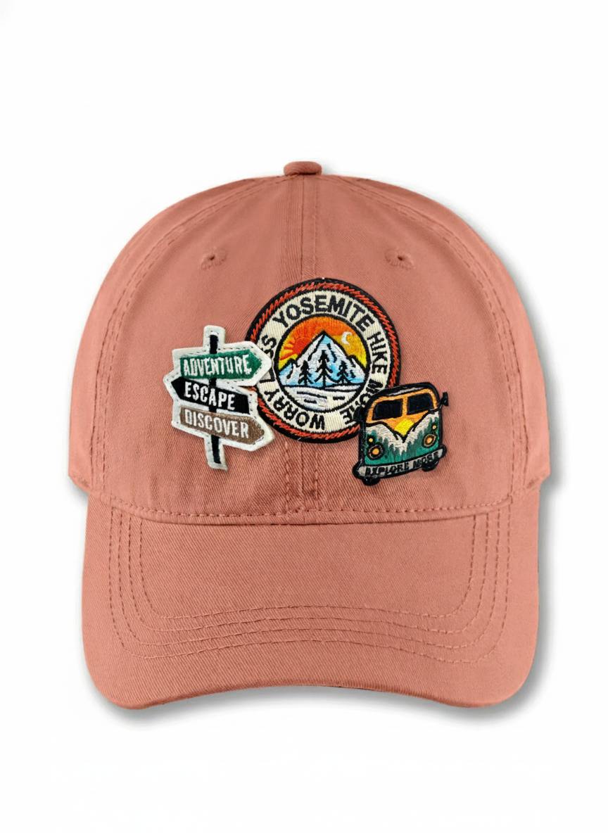 Yosemite Hike Patch Baseball Cap with Adventure Sign and Camper Van Icons