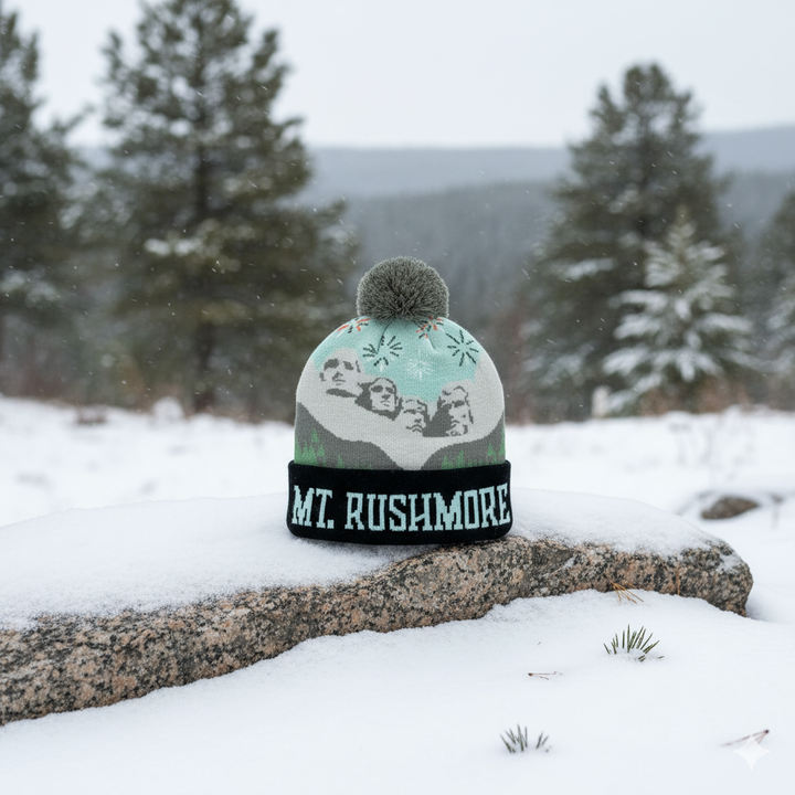 Mt. Rushmore Snowflake Knit Pom Pom Beanie – South Dakota Winter Hat