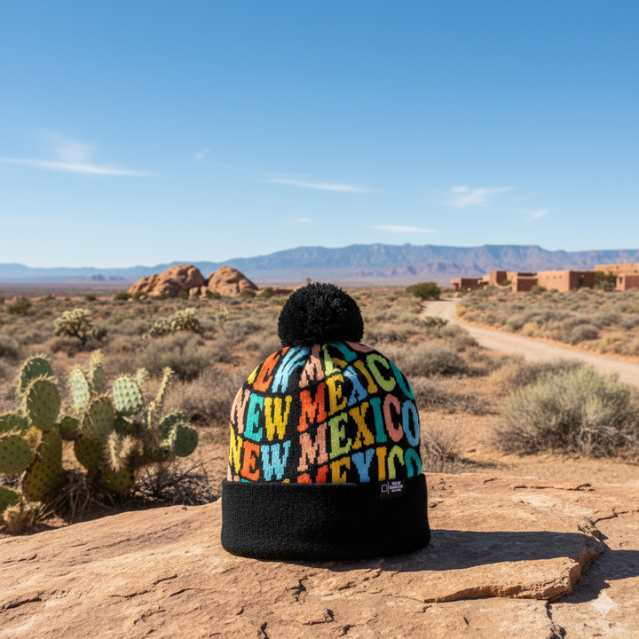 New Mexico Colorful Letter Knit Beanie – Retro Pom Pom Winter Hat with Bold Typography