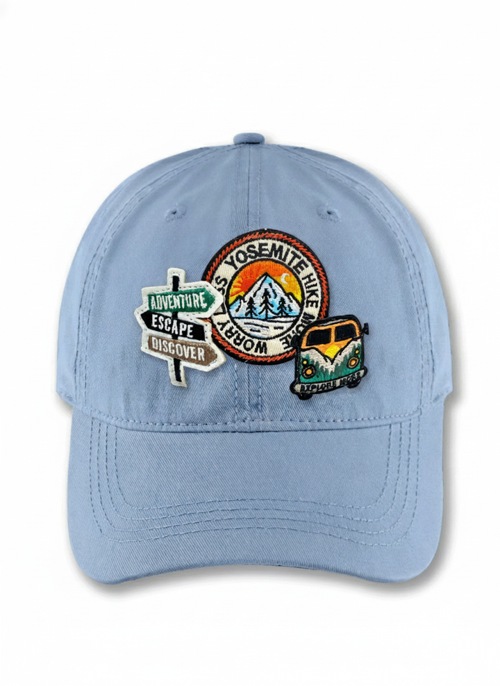 Yosemite Hike Patch Baseball Cap with Adventure Sign and Camper Van Icons