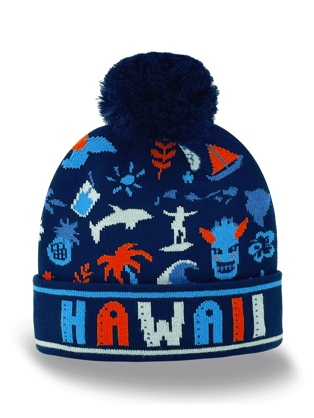 Hawaii Knit Beanie Hat with Surf Dolphin Palm Pineapple Pattern Winter Pom Pom Cap