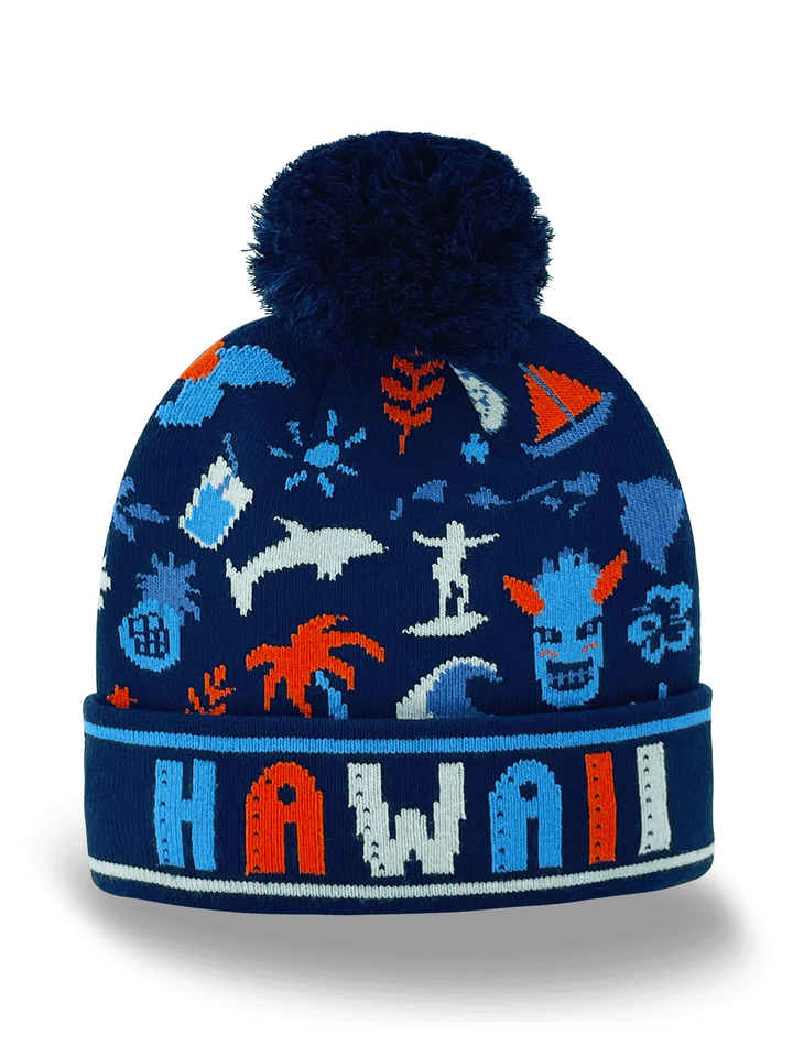 Hawaii Knit Beanie Hat with Surf Dolphin Palm Pineapple Pattern Winter Pom Pom Cap