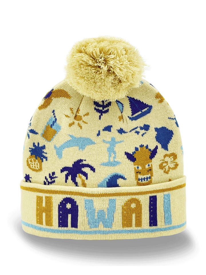 Hawaii Knit Beanie Hat with Surf Dolphin Palm Pineapple Pattern Winter Pom Pom Cap