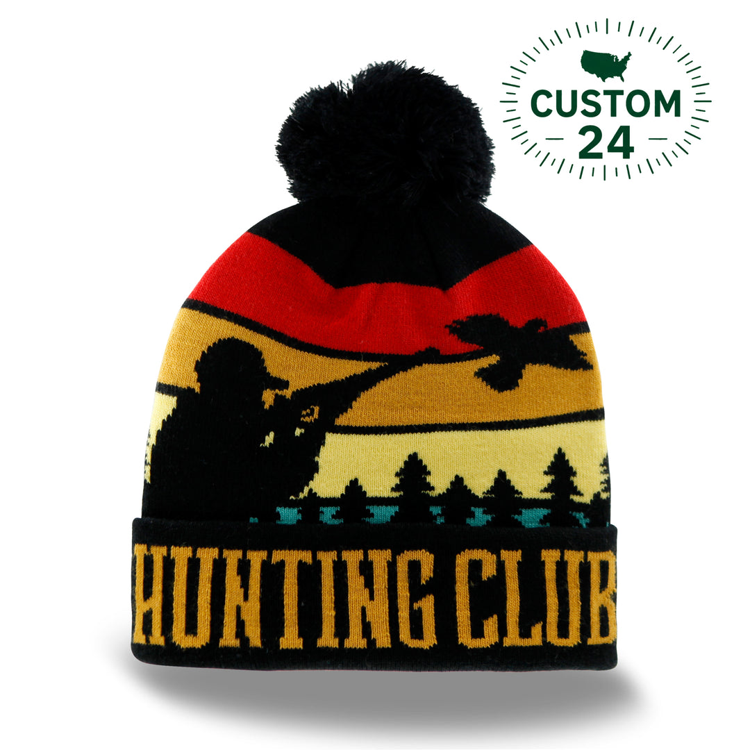 Hunting Club Knit Beanie Hat with Pom | Winter Duck Hunting Outdoor Sunset Forest Cap