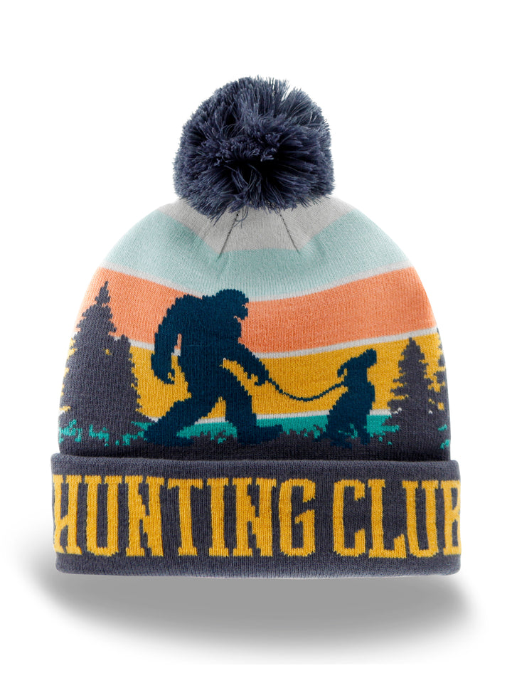 Hunting Club Bigfoot Dog Knit Beanie with Pom Pom Winter Hat Outdoor Camp Gear