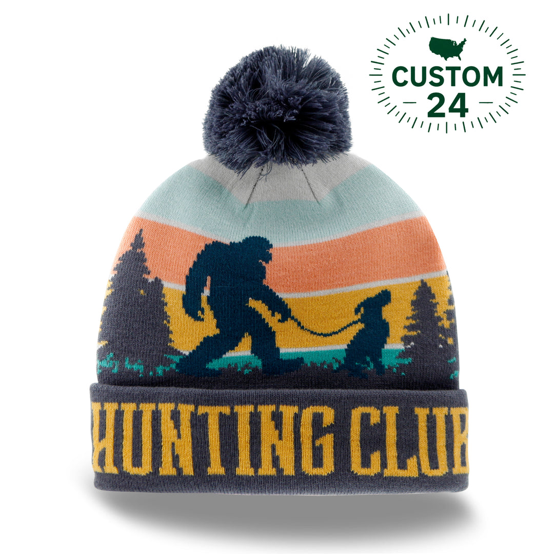 Hunting Club Bigfoot Dog Knit Beanie with Pom Pom Winter Hat Outdoor Camp Gear