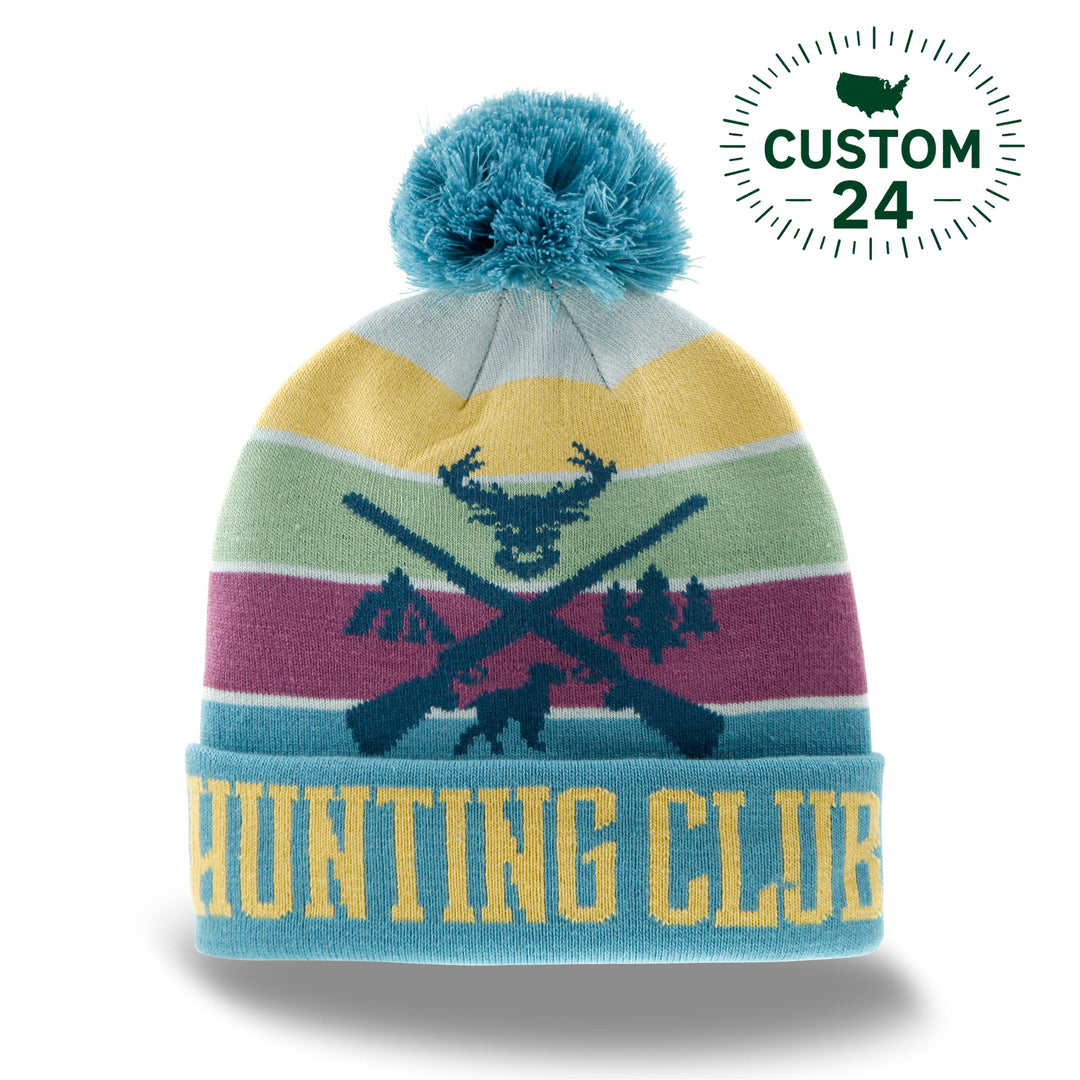 Hunting Club Knit Beanie Winter Hat with Pom Pom Crossed Rifles Deer Outdoor Style