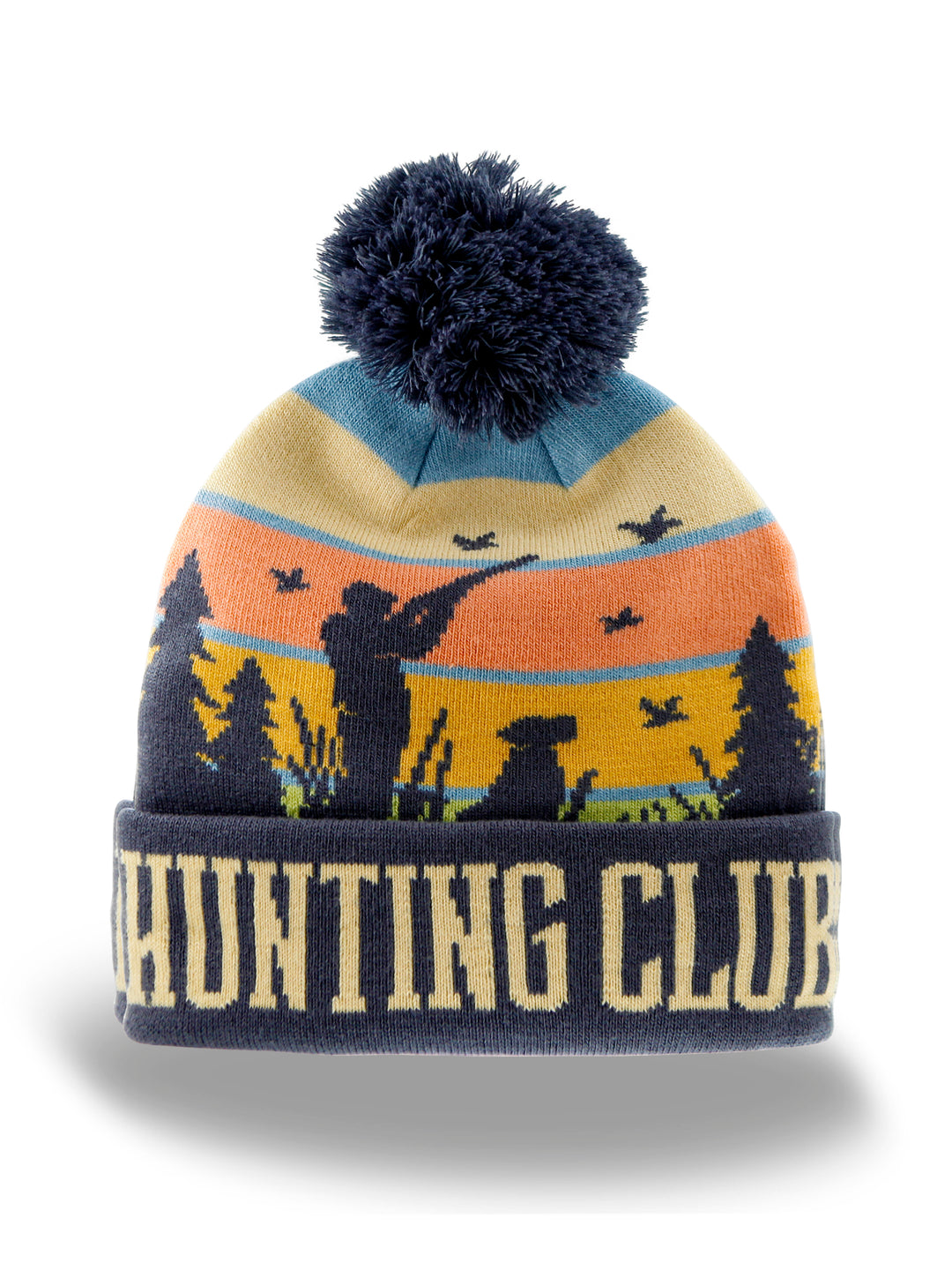Hunting Club Knit Beanie Hat with Pom | Winter Outdoor Duck Hunting Dog Sunset Cap