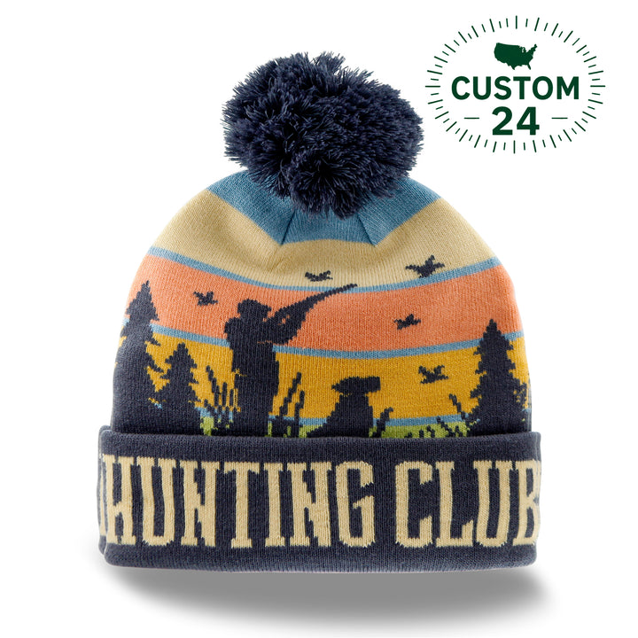 Hunting Club Knit Beanie Hat with Pom | Winter Outdoor Duck Hunting Dog Sunset Cap