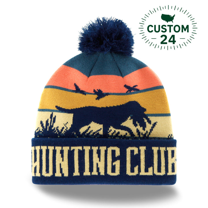 Hunting Dog Sunset Knit Beanie with Pom Pom Winter Hat Outdoor Duck Retriever Gear