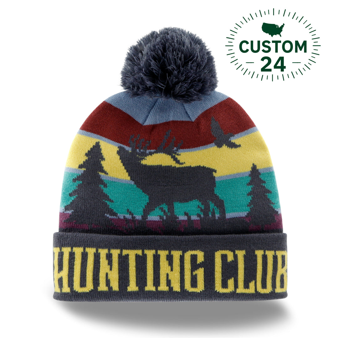 Hunting Club Knit Beanie Winter Hat with Pom Pom Forest Deer Outdoor Cabin Style
