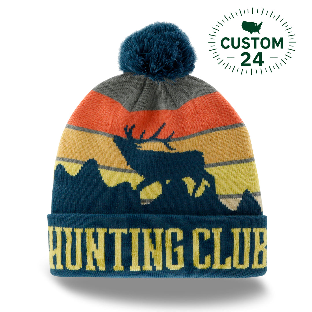 Hunting Club Knit Beanie Hat with Pom | Winter Outdoor Deer Antler Mountain Sunset Cap