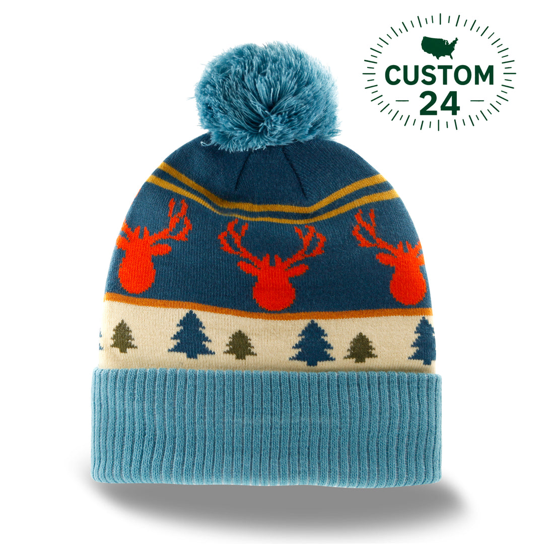 Reindeer Knit Beanie Winter Hat with Pom Pom Forest Tree Pattern Outdoor Style
