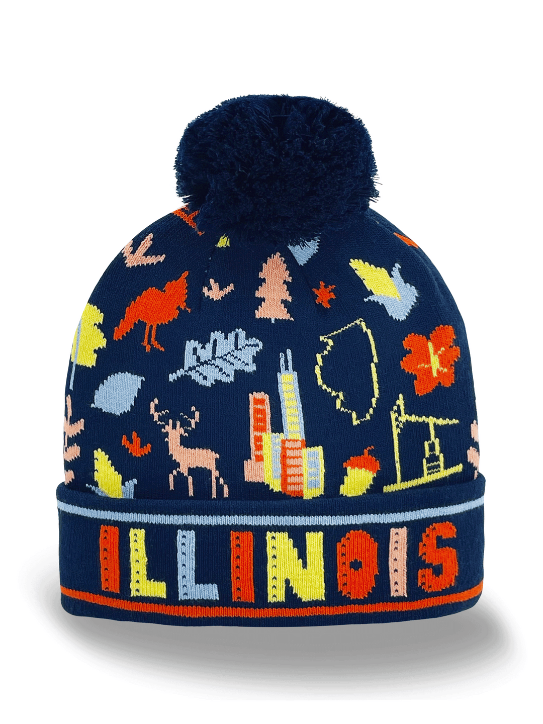Illinois Knit Beanie with Chicago Skyline, Deer, Oil Derrick & State Icons
