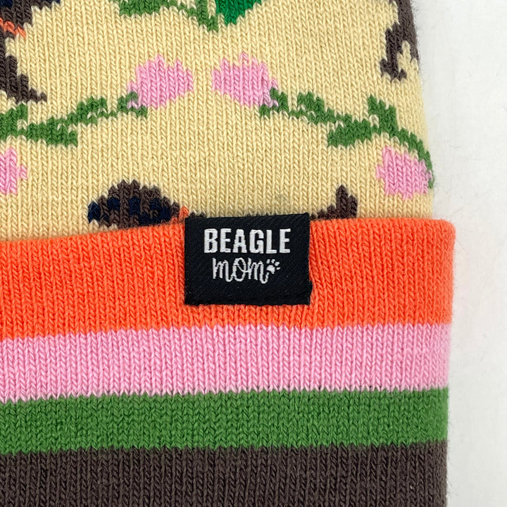 Floral Dog Print Knit Beanie with Pom Pom, Outdoor Casual Winter Hat