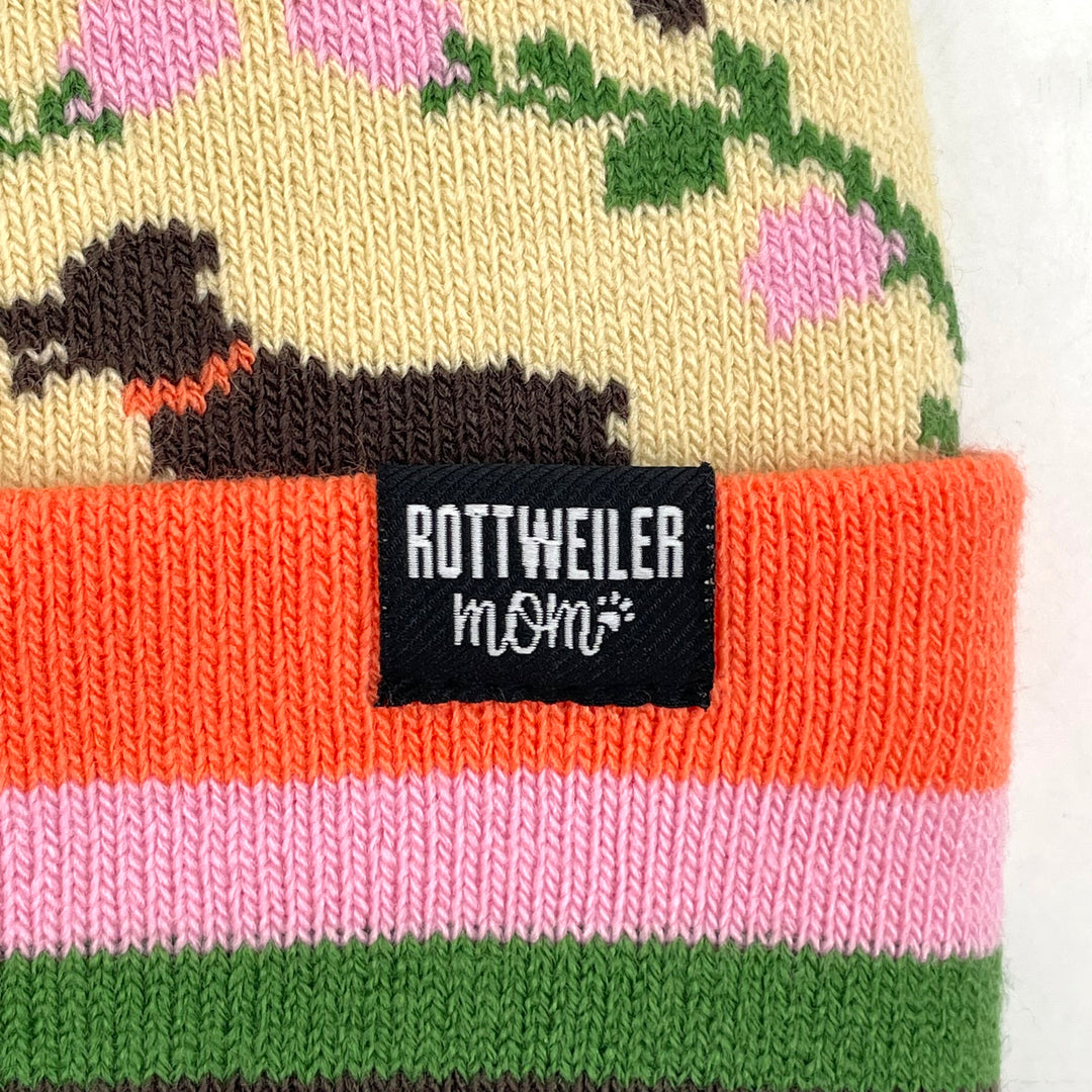 Colorful Rottweiler Dog Knit Beanie with Pom Pom, Fashion Winter Cap