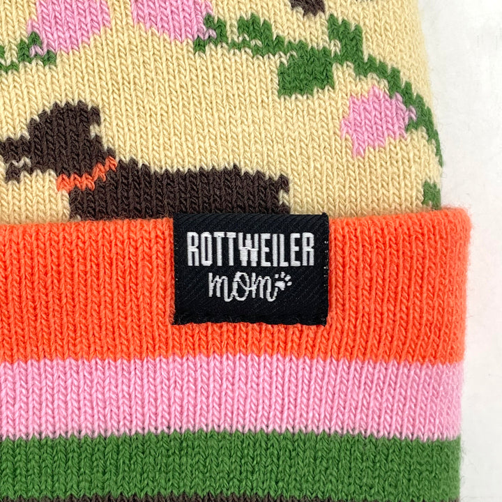 Colorful Rottweiler Dog Knit Beanie with Pom Pom, Fashion Winter Cap