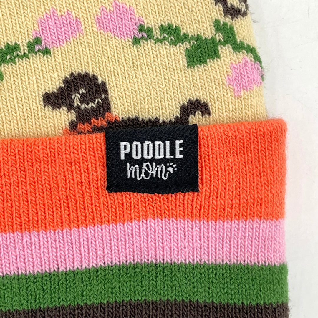 Cute Poodle Dog Knit Beanie with Colorful Floral Pattern Pom Pom Winter Hat
