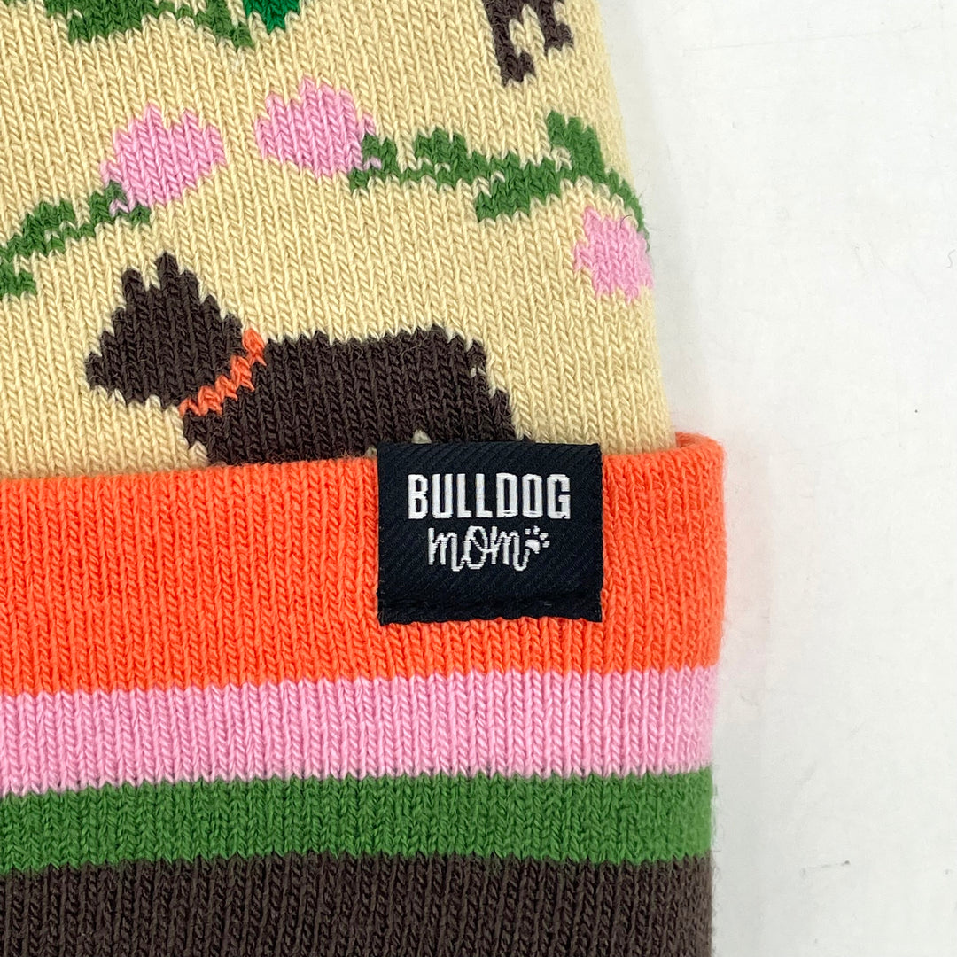 Warm Bulldog Dog Knit Beanie with Pom Pom Floral Pattern Winter Fashion Hat