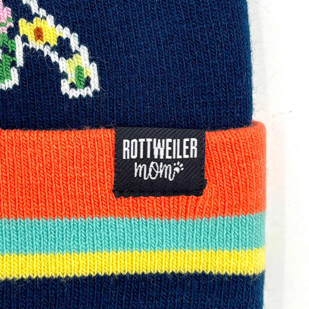 Rottweiler Dog Floral Pom Pom Knit Beanie, Outdoor Warm Winter Hat for Pet Lovers