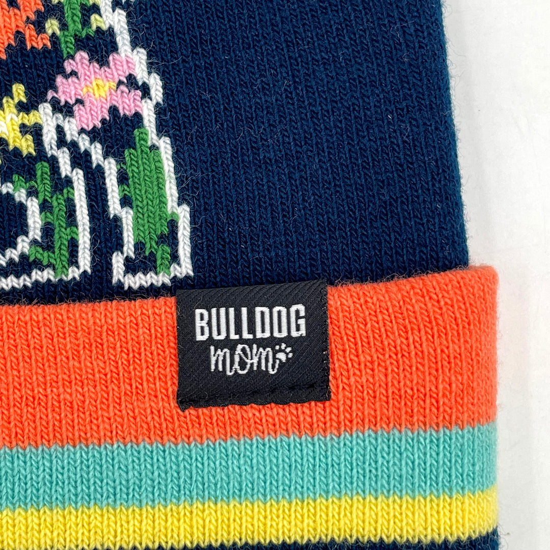 Bulldog Dog Floral Pom Pom Knit Beanie, Outdoor Warm Winter Hat for Pet Lovers