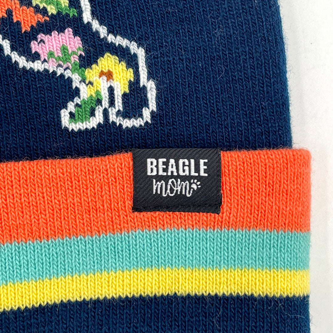 Colorful Beagle Dog Floral Knit Beanie with Pom Pom, Fashion Winter Cap