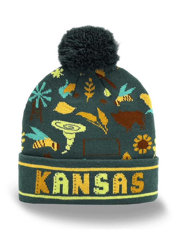 Kansas Knit Beanie Hat with Bison Bee Tornado Sunflower Pattern Winter Pom Pom Cap