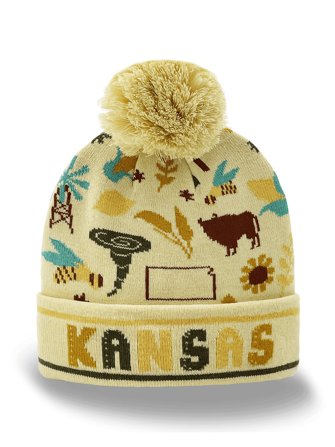 Kansas Knit Beanie Hat with Bison Bee Tornado Sunflower Pattern Winter Pom Pom Cap